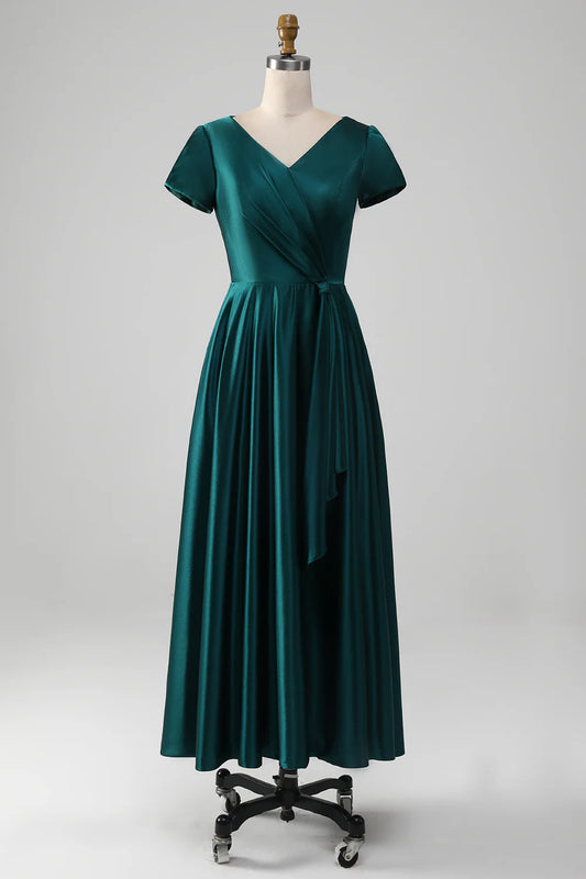 AABEI DRESS Wedding Guests Dresses Mom's Formal Dress A-Line V-Neck Short Sleeve Pleated Elegant Simple Mother of the Bride Dress