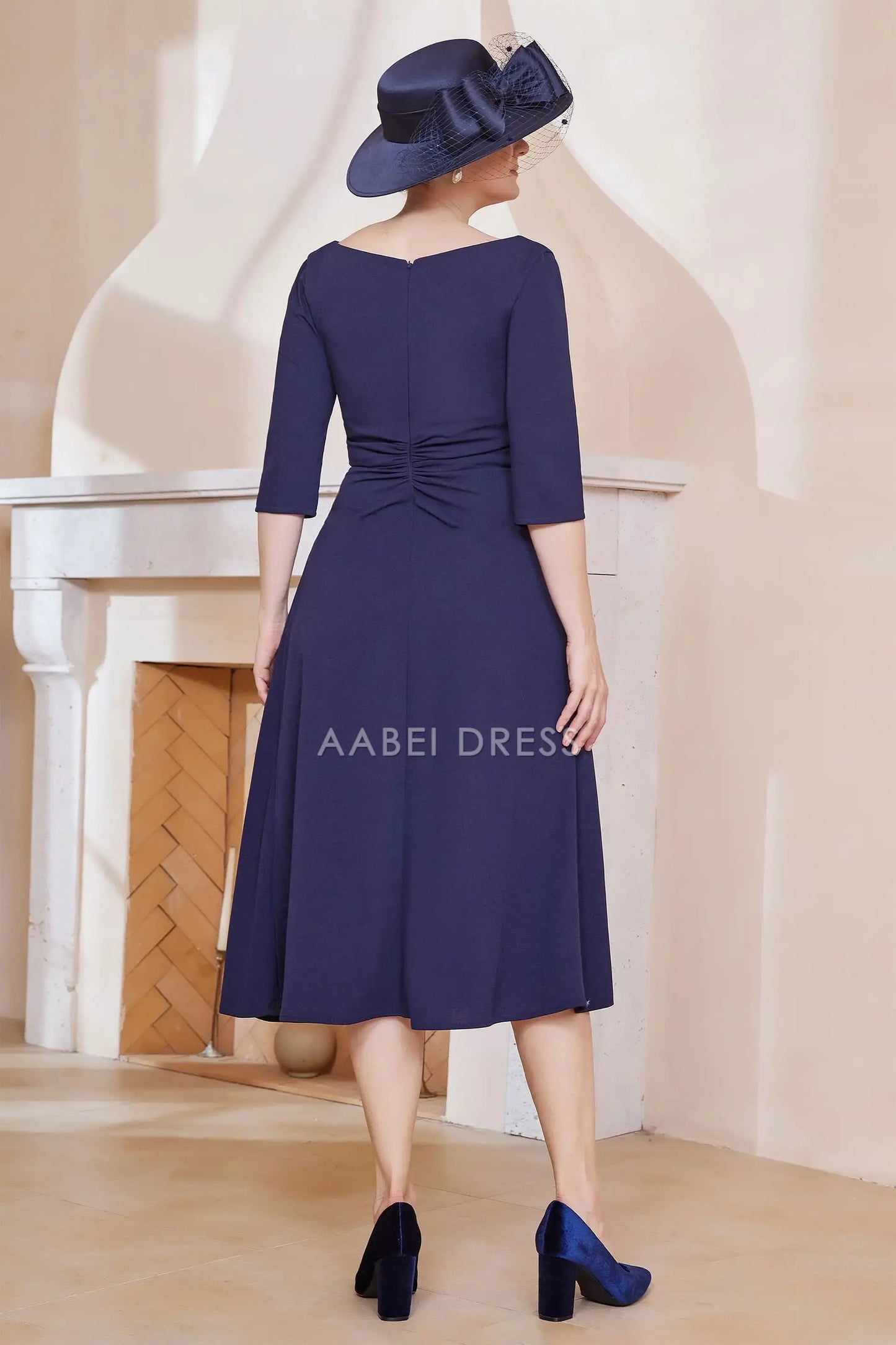 AABEI DRESS Wedding Guests Dresses Mom's Formal Dress A-Line V-neck 3/4 Sleeves Pleated Tea-Length Elegant Simple Mother of the Bride Dress