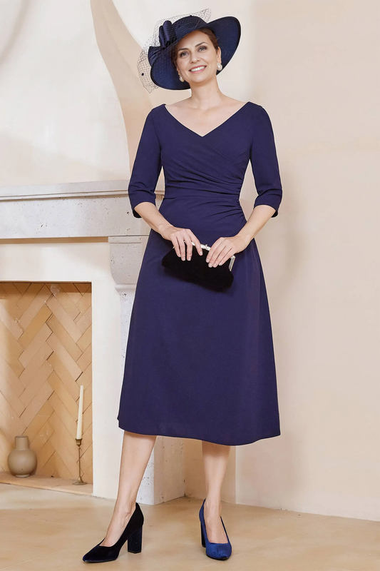 AABEI DRESS Wedding Guests Dresses Mom's Formal Dress A-Line V-neck 3/4 Sleeves Pleated Tea-Length Elegant Simple Mother of the Bride Dress