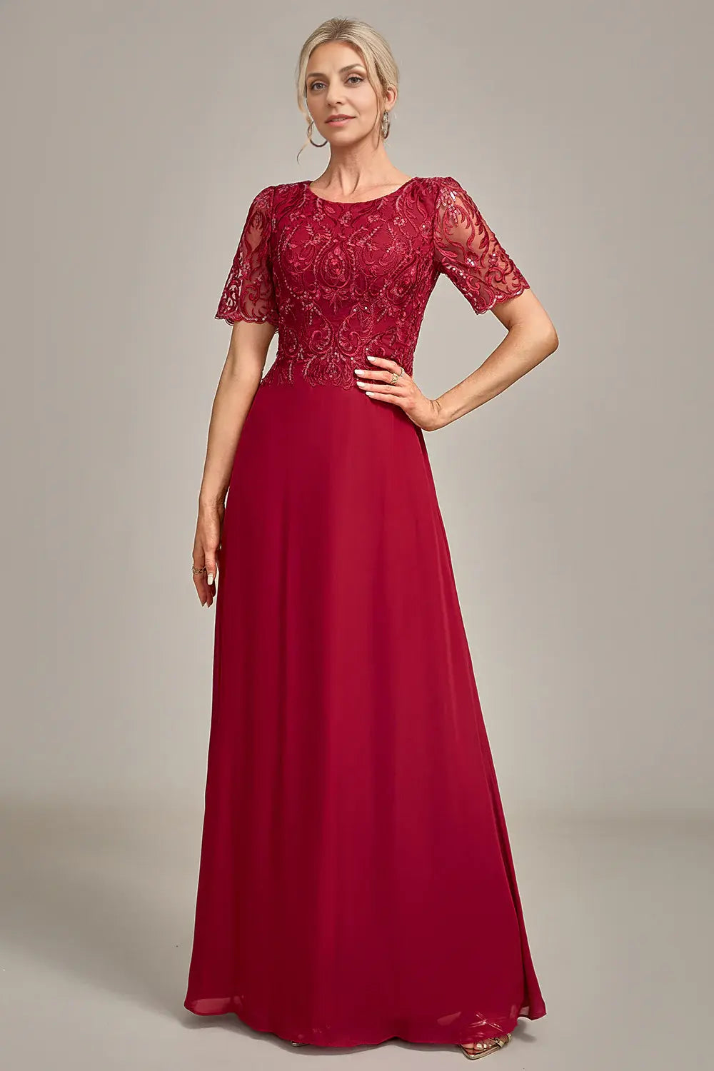 AABEI DRESS Wedding Guests Dresses Mom's Formal Dress A Line Round Neck Short Sleeve Sequin Appliques Elegant Mother of the Bride Dress