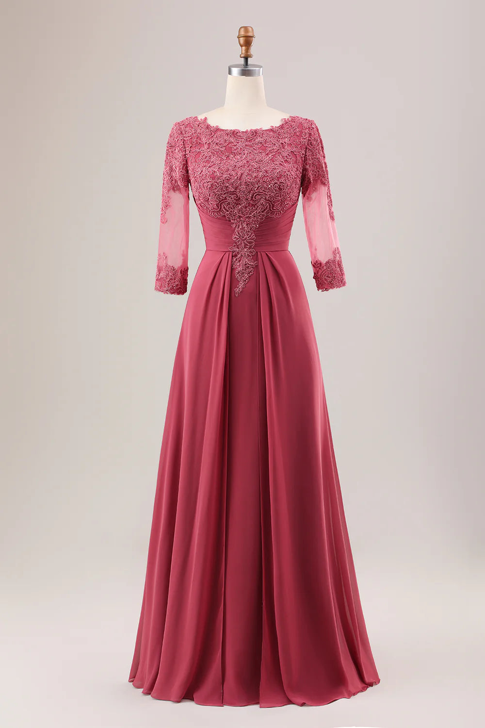 AABEI DRESS Wedding Guests Dresses Mom's Formal Dress A Line Scoop Neck 3/4 Sleeves  Chiffon Pleated with Lace Appliques Exquisite Mother of the Bride Dress