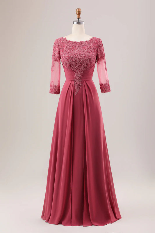 AABEI DRESS Wedding Guests Dresses Mom's Formal Dress A Line Scoop Neck 3/4 Sleeves  Chiffon Pleated with Lace Appliques Exquisite Mother of the Bride Dress