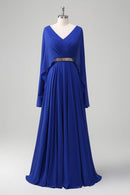 AABEI DRESS Wedding Guests Dresses Mom's Formal Dress A Line V-Neck Pleated Chiffon V Back Flutter Sleeves with Rhinestone Belt Elegant Long Mother of the Bride Dress