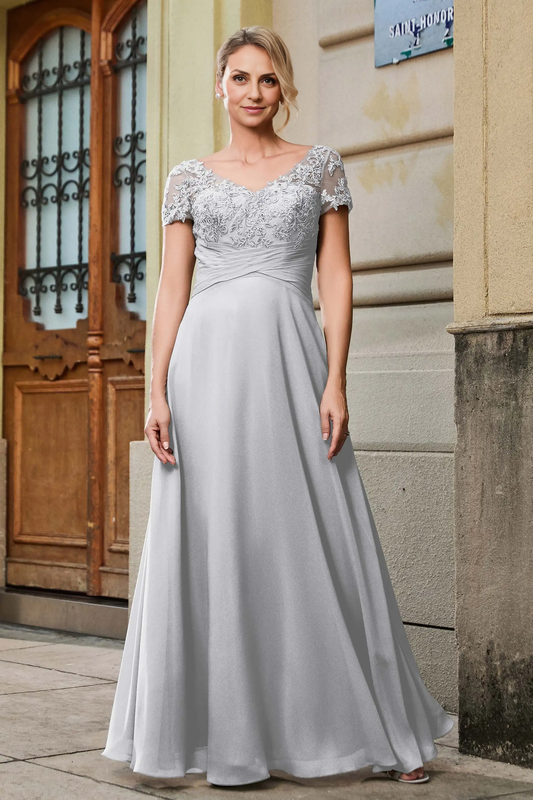 AABEI DRESS Wedding Guests Dresses Mom's Formal Dress A Line V-neck Short Sleeves Lace Applique Chiffon Pleated Empire Waist V Back Elegant Mother of the Bride Dress