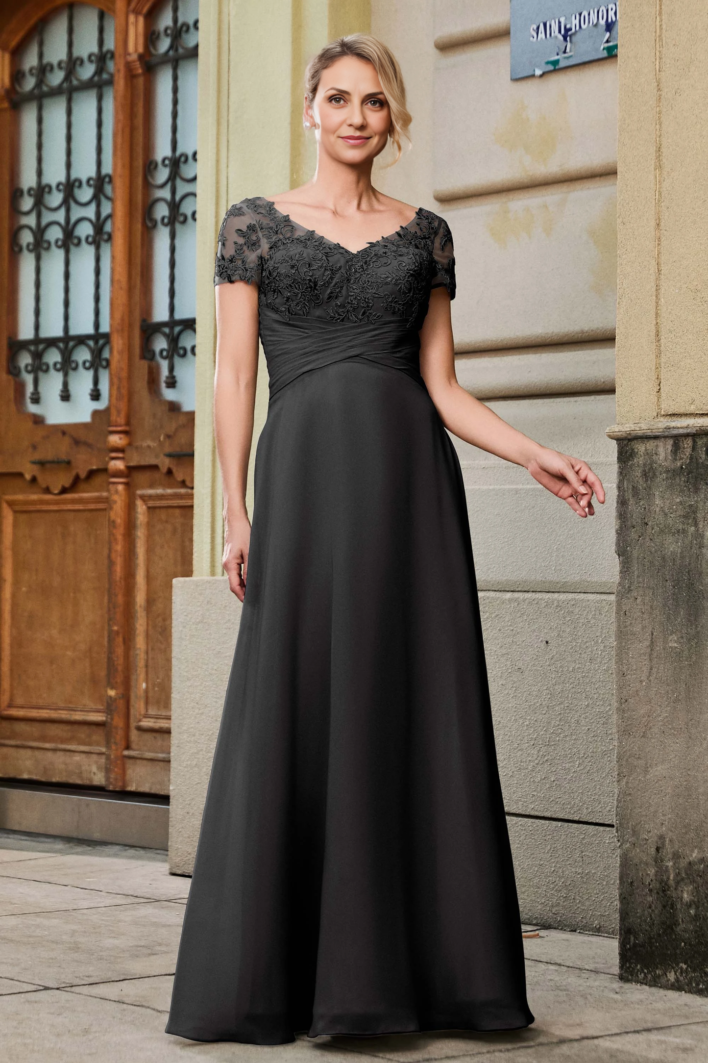 AABEI DRESS Wedding Guests Dresses Mom's Formal Dress A Line V-neck Short Sleeves Lace Applique Chiffon Pleated Empire Waist V Back Elegant Mother of the Bride Dress(副本)