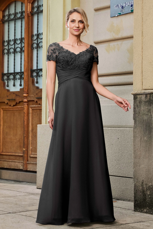 AABEI DRESS Wedding Guests Dresses Mom's Formal Dress A Line V-neck Short Sleeves Lace Applique Chiffon Pleated Empire Waist V Back Elegant Mother of the Bride Dress(副本)