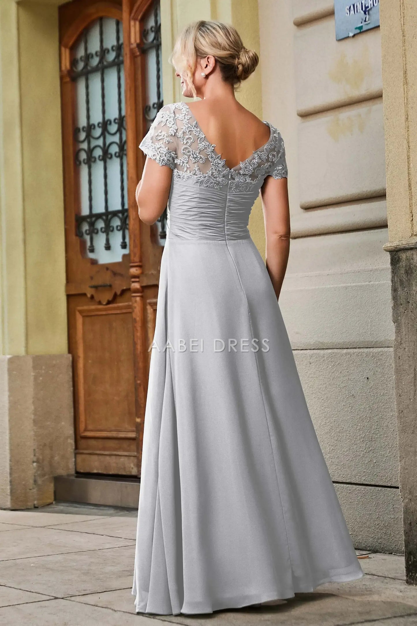 AABEI DRESS Wedding Guests Dresses Mom's Formal Dress A Line V-neck Short Sleeves Lace Applique Chiffon Pleated Empire Waist V Back Elegant Mother of the Bride Dress
