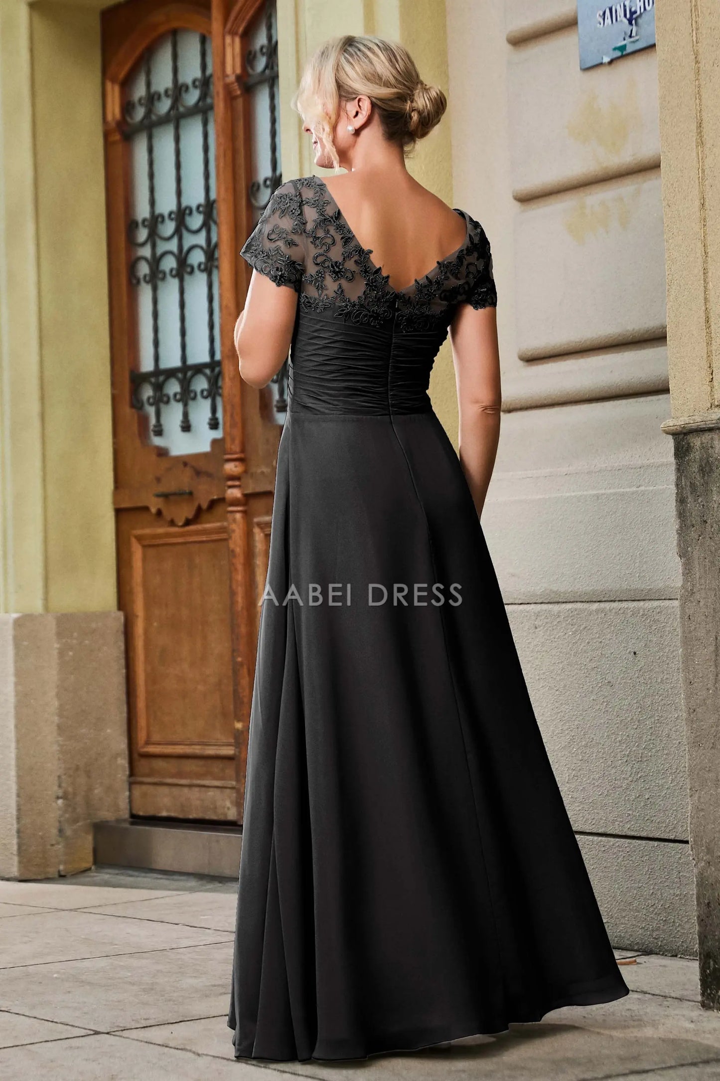 AABEI DRESS Wedding Guests Dresses Mom's Formal Dress A Line V-neck Short Sleeves Lace Applique Chiffon Pleated Empire Waist V Back Elegant Mother of the Bride Dress(副本)