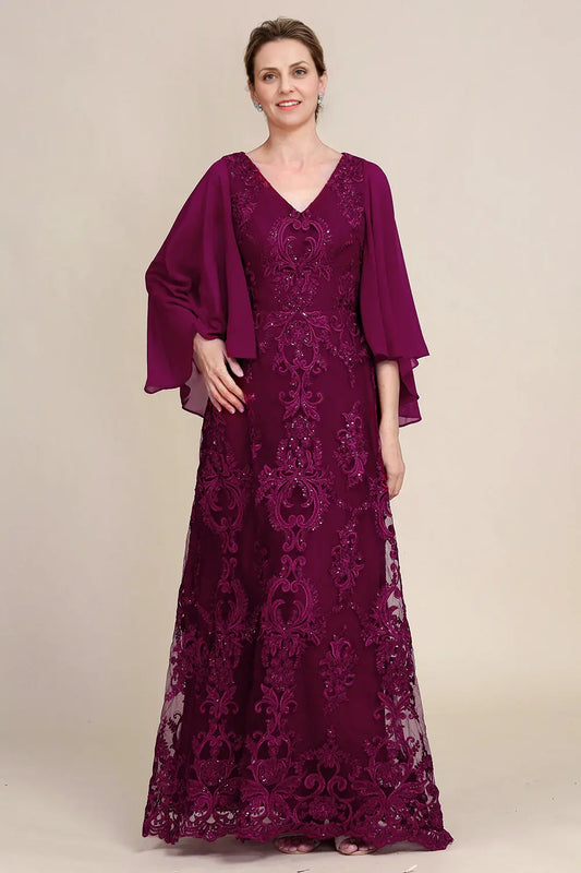 AABEI DRESS Wedding Guests Dresses Mom's Formal Dress A Line V Neck Flutter Batwing Sleeves Beaded Lace Applique Gorgeous Long Mother of the Bride Dress