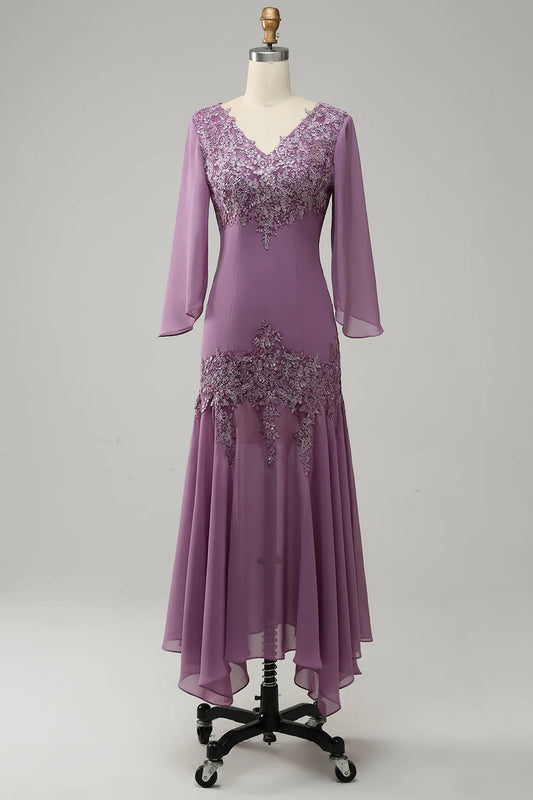 AABEI DRESS Wedding Guests Dresses Mom's Formal Dress Chiffon Mermaid V Neck Long Sleeves Lace Applique Charming Retro Mother of the Bride Dress