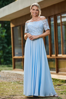 AABEI DRESS Wedding Guests Dresses Mom's Formal Dress Elegant A-Line Off Shoulder Short Sleeves Lace Applique Top Ruched Chiffon Dress Exquisite Mother of the Bride Dress