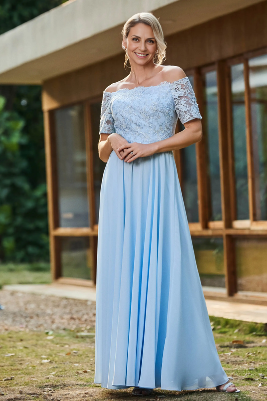 AABEI DRESS Wedding Guests Dresses Mom's Formal Dress Elegant A-Line Off Shoulder Short Sleeves Lace Applique Top Ruched Chiffon Dress Exquisite Mother of the Bride Dress