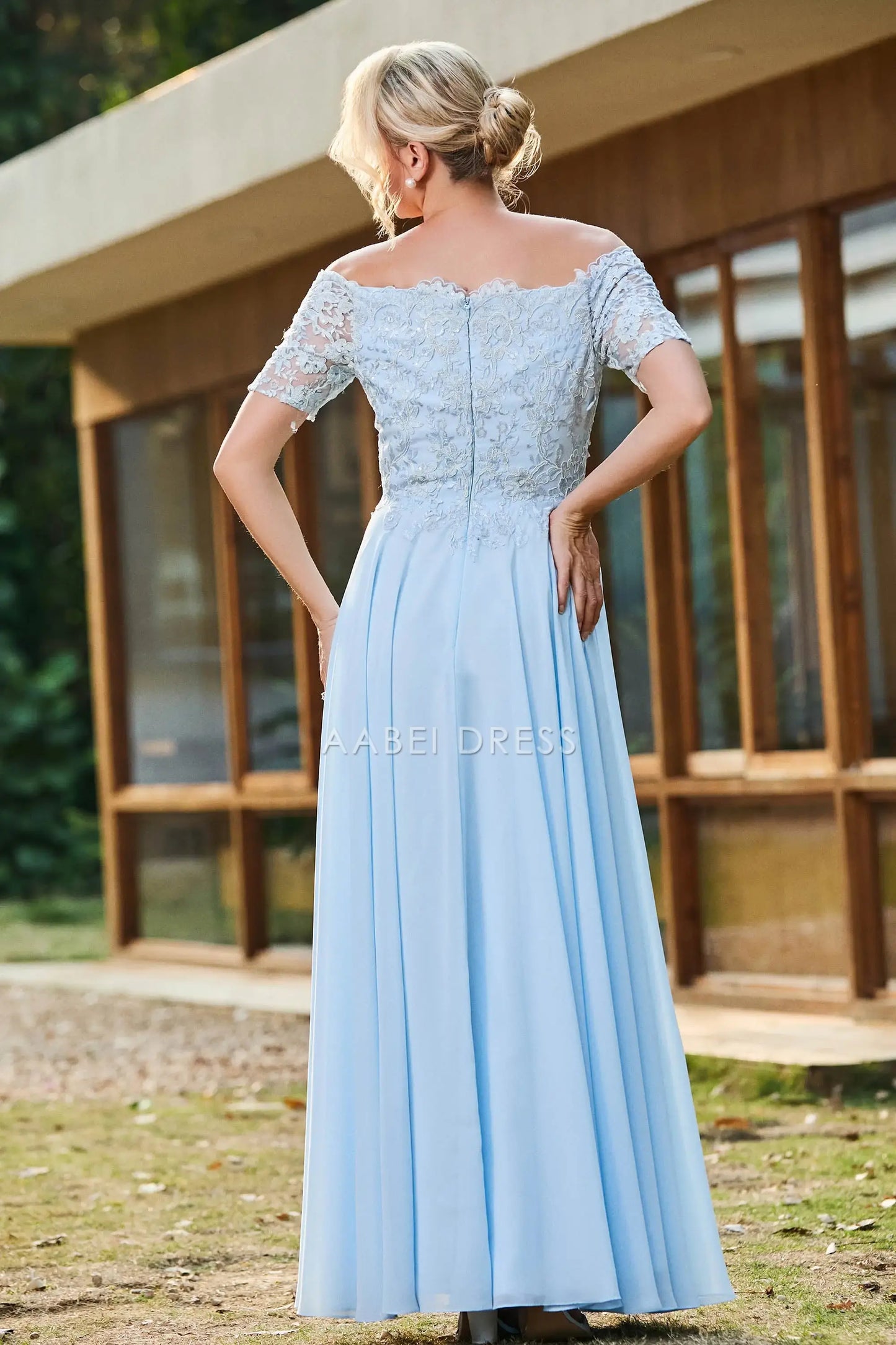 AABEI DRESS Wedding Guests Dresses Mom's Formal Dress Elegant A-Line Off Shoulder Short Sleeves Lace Applique Top Ruched Chiffon Dress Exquisite Mother of the Bride Dress