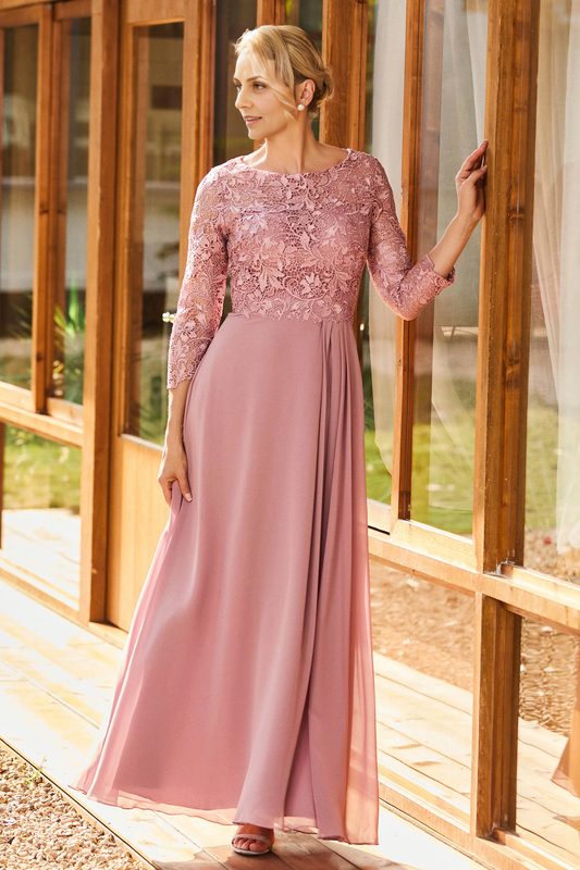 AABEI DRESS Wedding Guests Dresses Mom's Formal Dress Elegant A-Line Scoop Neck Long Sleeves Lace Top Chiffon Floor-Length Dress Exquisite Mother of the Bride Dress