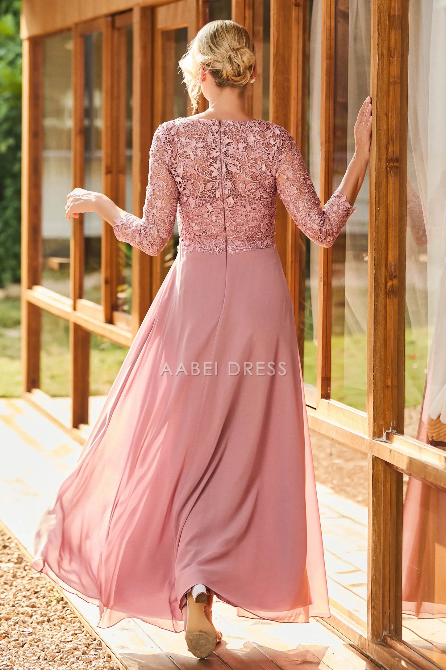 AABEI DRESS Wedding Guests Dresses Mom's Formal Dress Elegant A-Line Scoop Neck Long Sleeves Lace Top Chiffon Floor-Length Dress Exquisite Mother of the Bride Dress