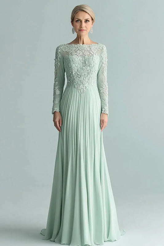 AABEI DRESS Wedding Guests Dresses Mom's Formal Dress Elegant A Line Boat Collar Long Sleeves Pleated Dress With Lace Appliques Fashion Long Mother of the Bride Dress
