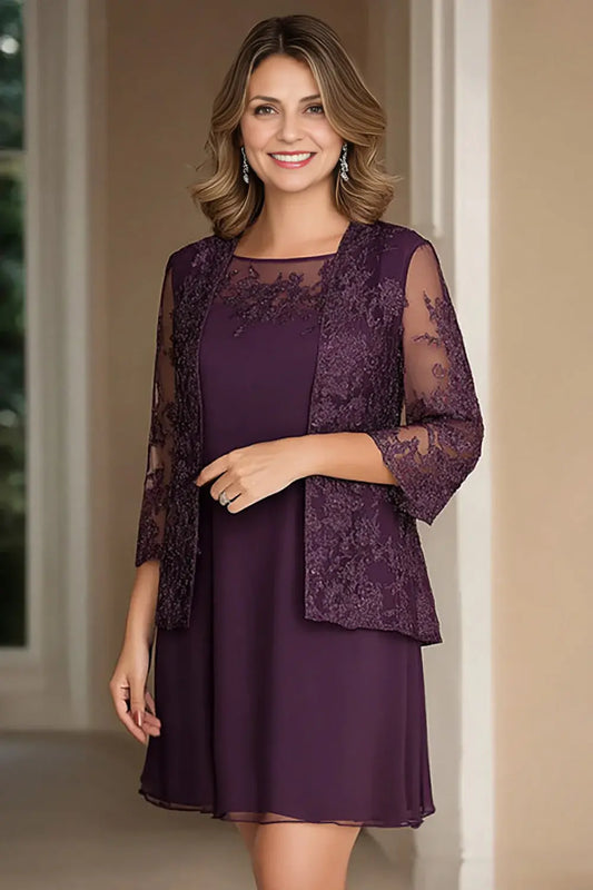 AABEI DRESS Wedding Guests Dresses Mom's Formal Dress Elegant Boat Neck Chiffon with Lace Appliques Jacket Two-Piece Set Mother of the Bride Dress