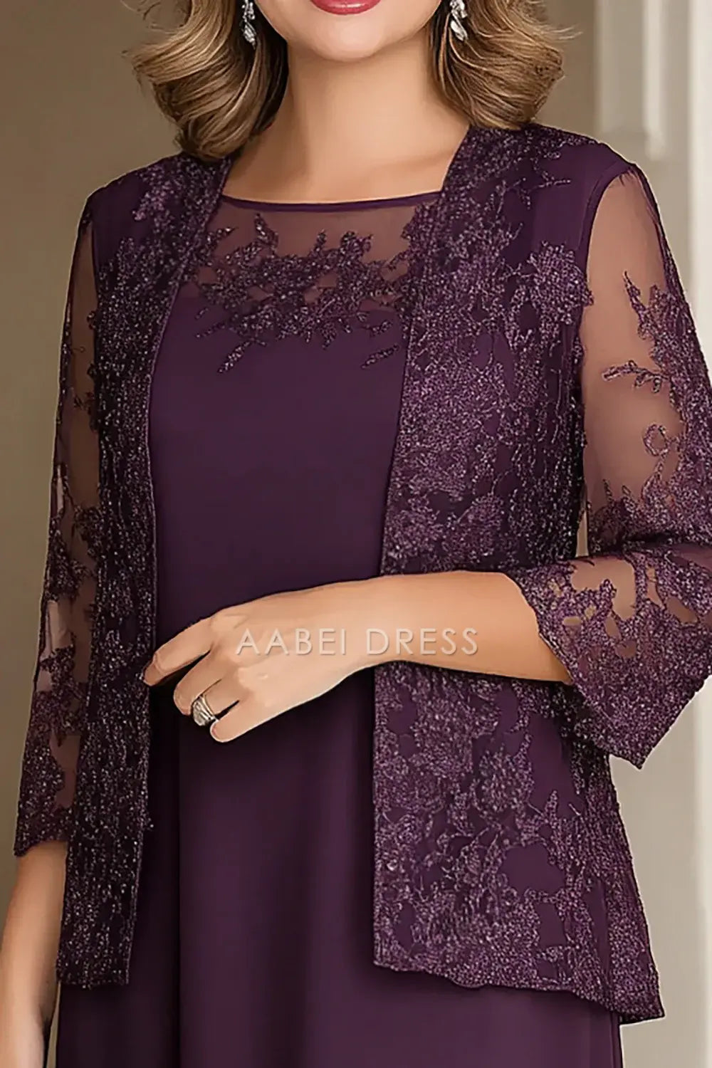 AABEI DRESS Wedding Guests Dresses Mom's Formal Dress Elegant Boat Neck Chiffon with Lace Appliques Jacket Two-Piece Set Mother of the Bride Dress