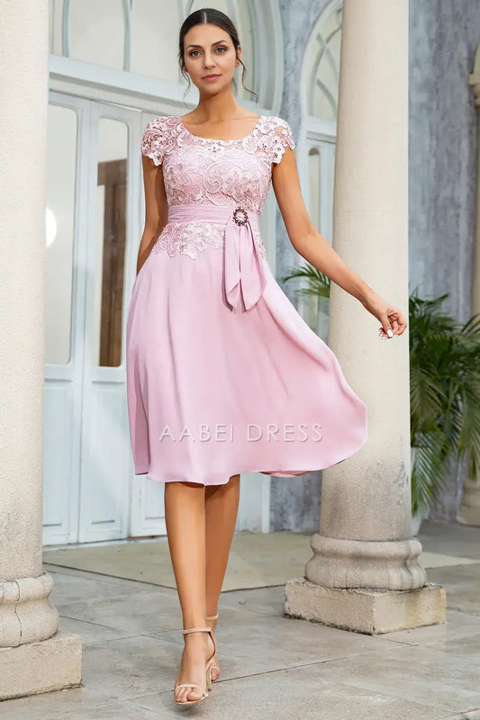 AABEI DRESS Wedding Guests Dresses Mom's Formal Dress Elegant Lace A Line Square Neck Cap Sleeve Chiffon Knee-Length Mother of the Bride Dress