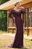 AABEI DRESS Wedding Guests Dresses Mom's Formal Dress Elegant Sheath V-Neck Long Sleeves Lace Top V Back Chiffon Ruched Sweep Train Retro Mother of the Bride Dress