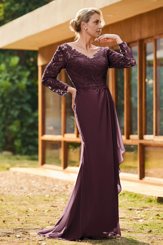 AABEI DRESS Wedding Guests Dresses Mom's Formal Dress Elegant Sheath V-Neck Long Sleeves Lace Top V Back Chiffon Ruched Sweep Train Retro Mother of the Bride Dress