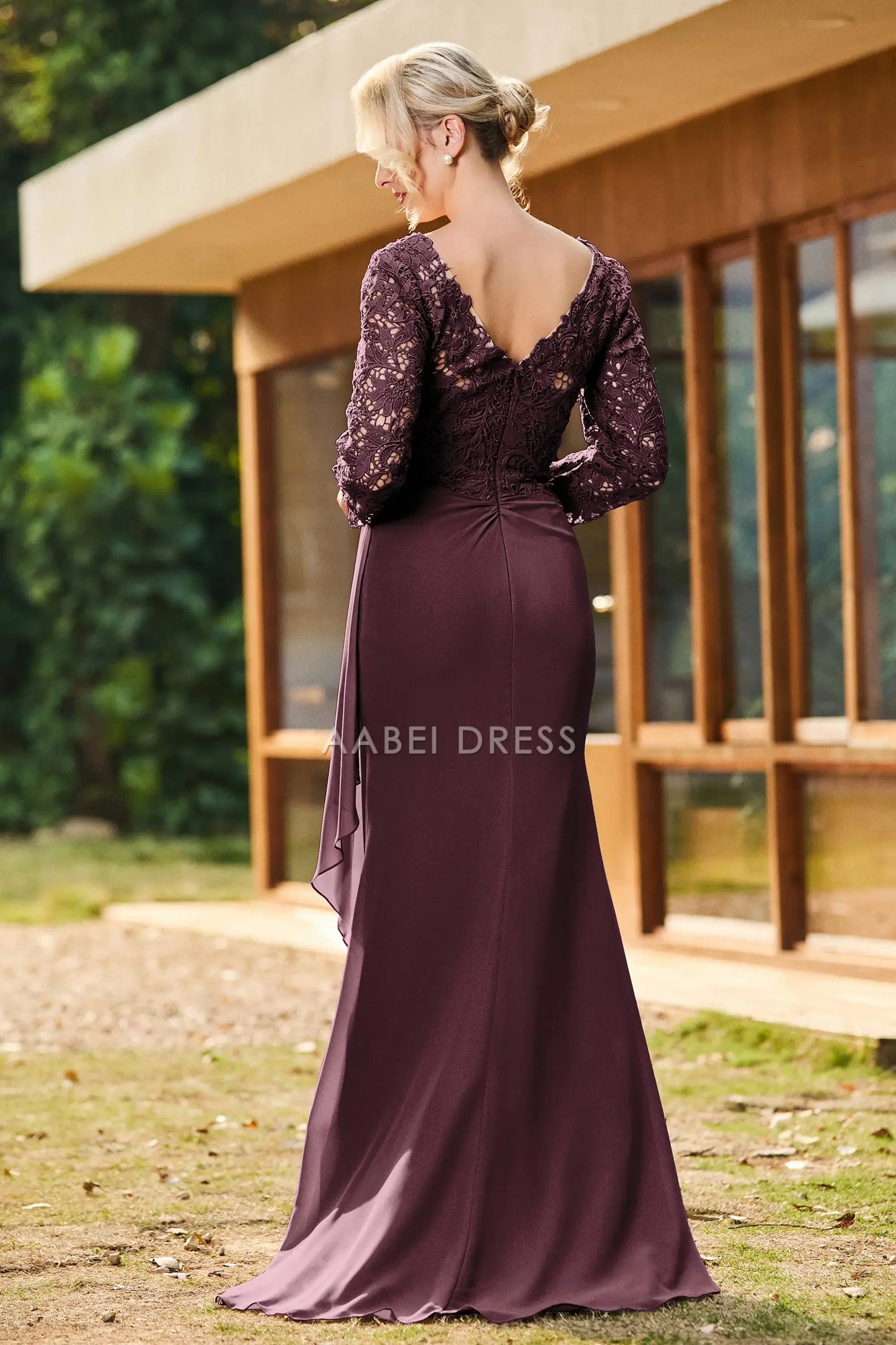 AABEI DRESS Wedding Guests Dresses Mom's Formal Dress Elegant Sheath V-Neck Long Sleeves Lace Top V Back Chiffon Ruched Sweep Train Retro Mother of the Bride Dress