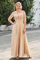 AABEI DRESS Wedding Guests Dresses Mom's Formal Dress Exquisite A-Line Off-the-Shoulder Half Sleeves Lace Applique Top Chiffon Ruched Floor-Length Retro Mother of the Bride Dress