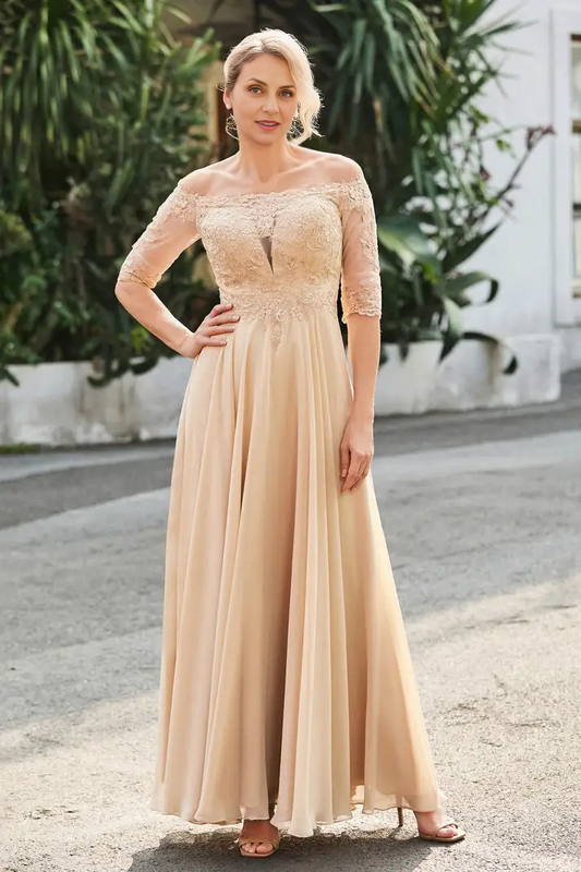 AABEI DRESS Wedding Guests Dresses Mom's Formal Dress Exquisite A-Line Off-the-Shoulder Half Sleeves Lace Applique Top Chiffon Ruched Floor-Length Retro Mother of the Bride Dress