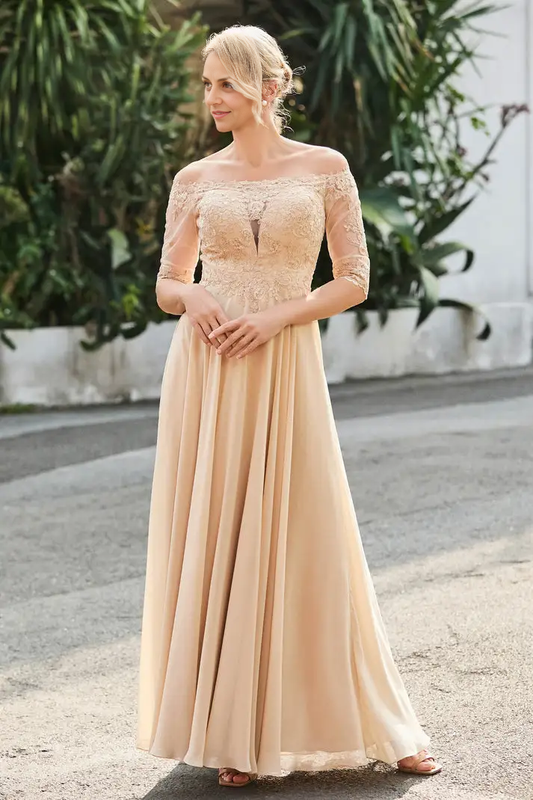 AABEI DRESS Wedding Guests Dresses Mom's Formal Dress Exquisite A-Line Off-the-Shoulder Half Sleeves Lace Applique Top Chiffon Ruched Floor-Length Retro Mother of the Bride Dress