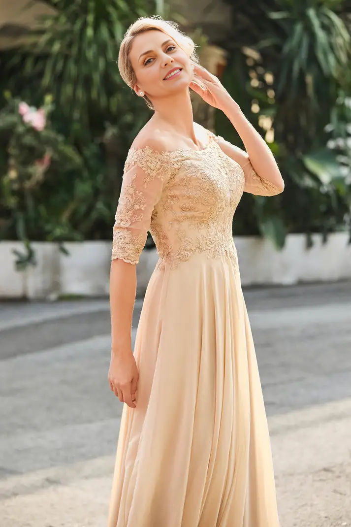 AABEI DRESS Wedding Guests Dresses Mom's Formal Dress Exquisite A-Line Off-the-Shoulder Half Sleeves Lace Applique Top Chiffon Ruched Floor-Length Retro Mother of the Bride Dress