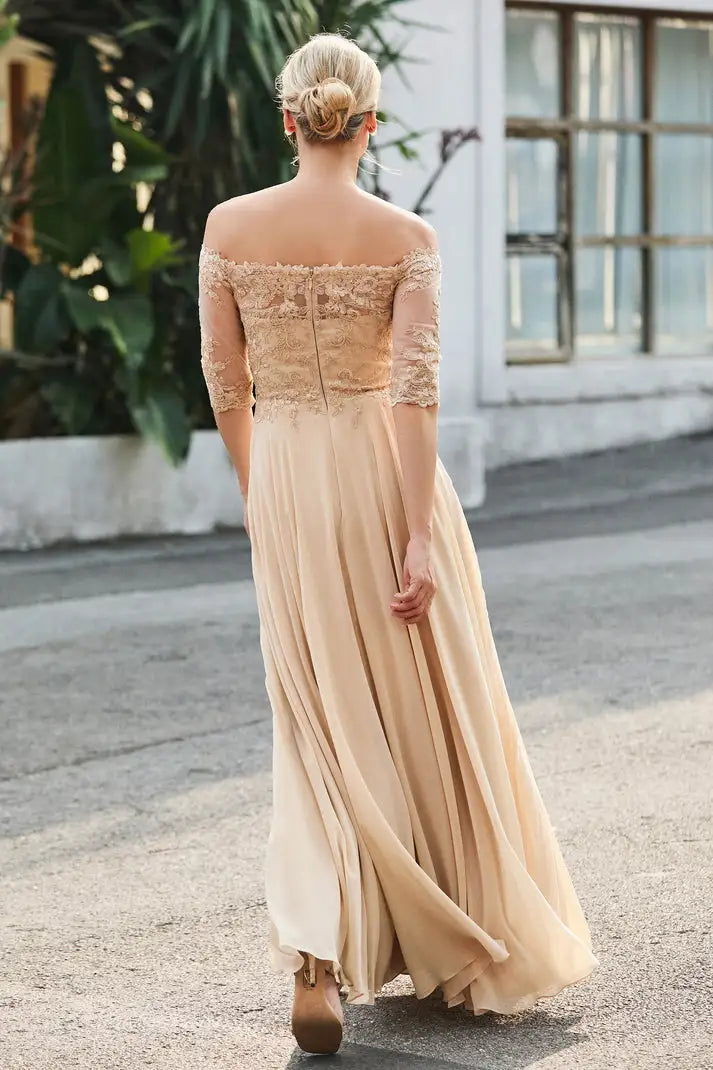 AABEI DRESS Wedding Guests Dresses Mom's Formal Dress Exquisite A-Line Off-the-Shoulder Half Sleeves Lace Applique Top Chiffon Ruched Floor-Length Retro Mother of the Bride Dress