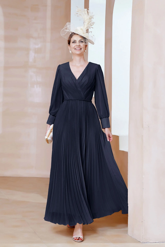AABEI DRESS Wedding Guests Dresses Mom's Formal Dress Exquisite A-Line V-Neck Long Sleeves Pleated Long Dress Charming Mother of the Bride Dress
