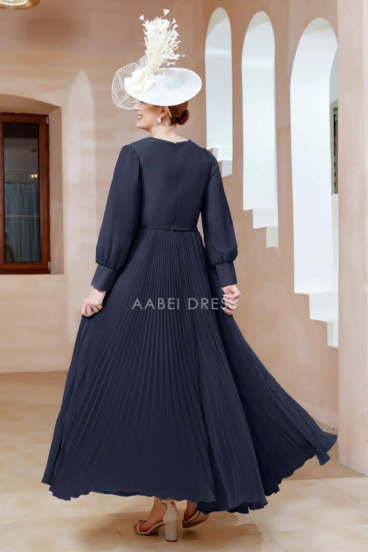 AABEI DRESS Wedding Guests Dresses Mom's Formal Dress Exquisite A-Line V-Neck Long Sleeves Pleated Long Dress Charming Mother of the Bride Dress