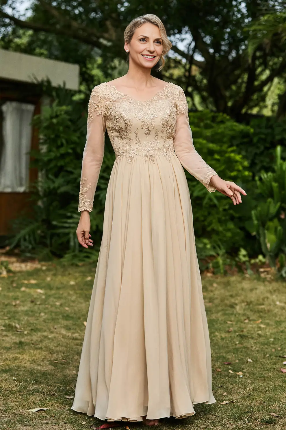 AABEI DRESS Wedding Guests Dresses Mom's Formal Dress Exquisite A-Line V Neck Long Sleeves Lace Applique Chiffon Ruched Graceful Dress Mother of the Bride Dress
