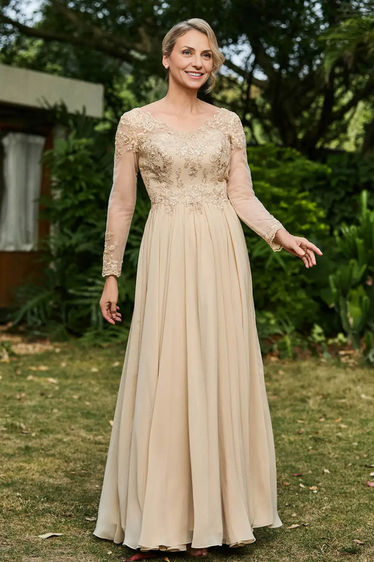 AABEI DRESS Wedding Guests Dresses Mom's Formal Dress Exquisite A-Line V Neck Long Sleeves Lace Applique Chiffon Ruched Graceful Dress Mother of the Bride Dress