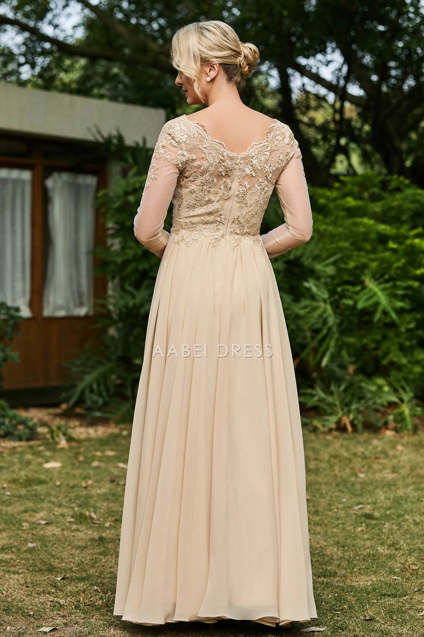 AABEI DRESS Wedding Guests Dresses Mom's Formal Dress Exquisite A-Line V Neck Long Sleeves Lace Applique Chiffon Ruched Graceful Dress Mother of the Bride Dress
