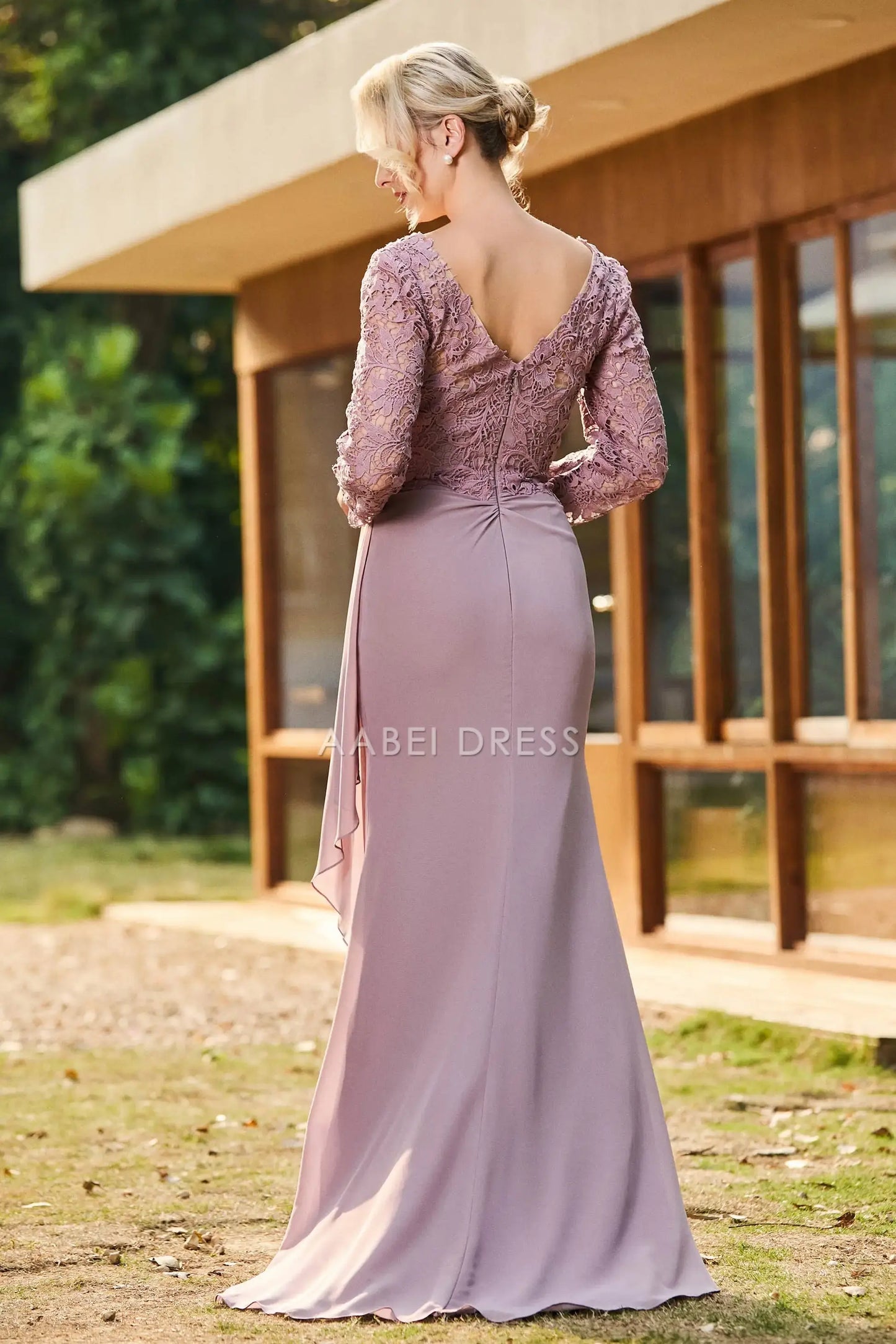 AABEI DRESS Wedding Guests Dresses Mom's Formal Dress Exquisite Sheath V-Neck Long Sleeves Lace Top V Back Chiffon Ruched Sweep Train Retro Mother of the Bride Dress