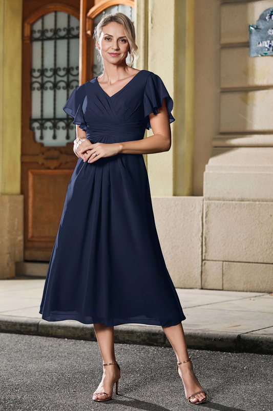 AABEI DRESS Wedding Guests Dresses Mom's Formal Dress Fashion A Line Pleated V-Neck Flutter Sleeves Chiffon Tea-Length Simple Mother of the Bride Dress