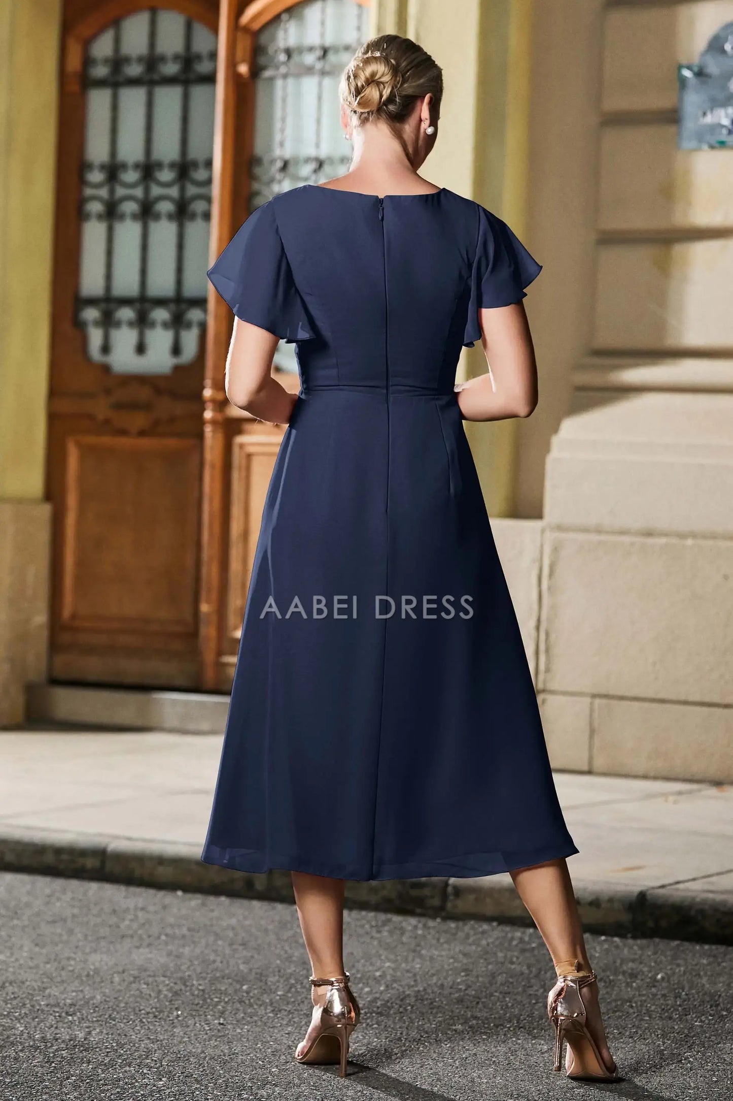 AABEI DRESS Wedding Guests Dresses Mom's Formal Dress Fashion A Line Pleated V-Neck Flutter Sleeves Chiffon Tea-Length Simple Mother of the Bride Dress