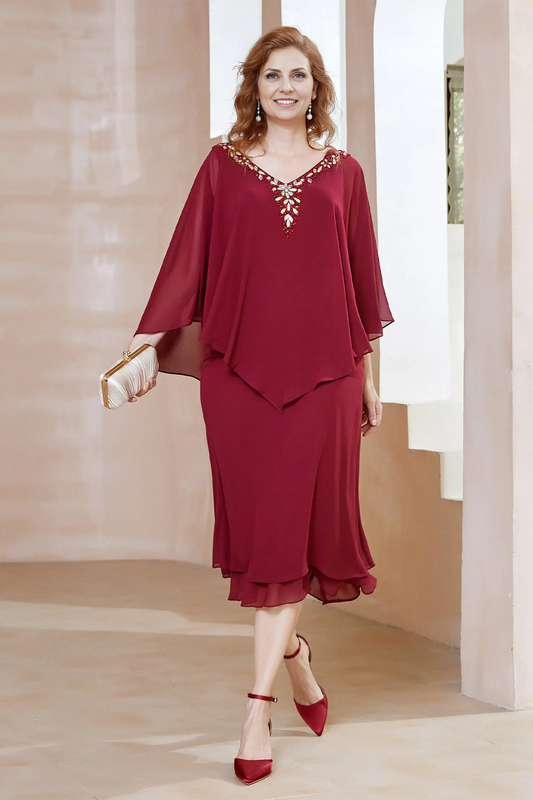 AABEI DRESS Wedding Guests Dresses Mom's Formal Dress Fashion Sheath Beaded V-neck Flutter Sleeves V Back Tea-Length Exquisite Mother of the Bride Dress