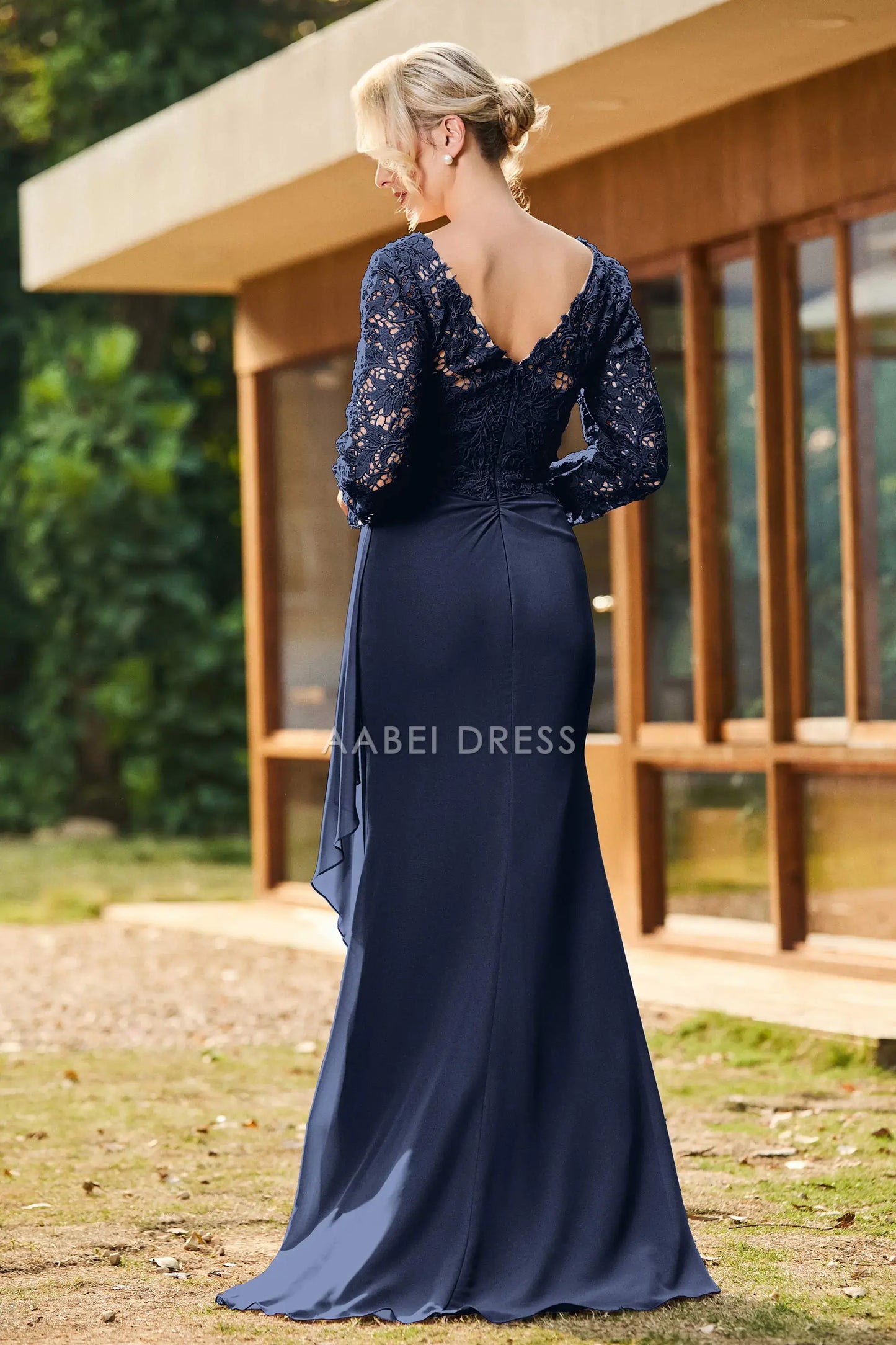 AABEI DRESS Wedding Guests Dresses Mom's Formal Dress Fashion Sheath V-Neck Long Sleeves Lace Top V Back Chiffon Ruched Sweep Train Retro Mother of the Bride Dress