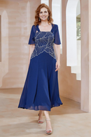 AABEI DRESS Wedding Guests Dresses Mom's Formal Dress Gorgeous A-Line Square Neck Short Sleeves Beaded Chiffon Ruched Dress Elegant Mother of the Bride Dress