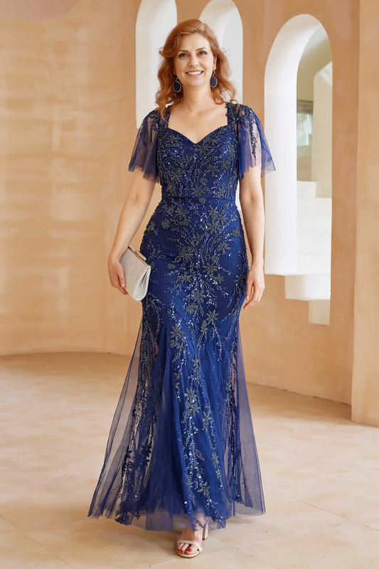 AABEI DRESS Wedding Guests Dresses Mom's Formal Dress Gorgeous Mermaid V Neck Flutter Sleeves Beaded Sparkle Mother of the Bride Dress