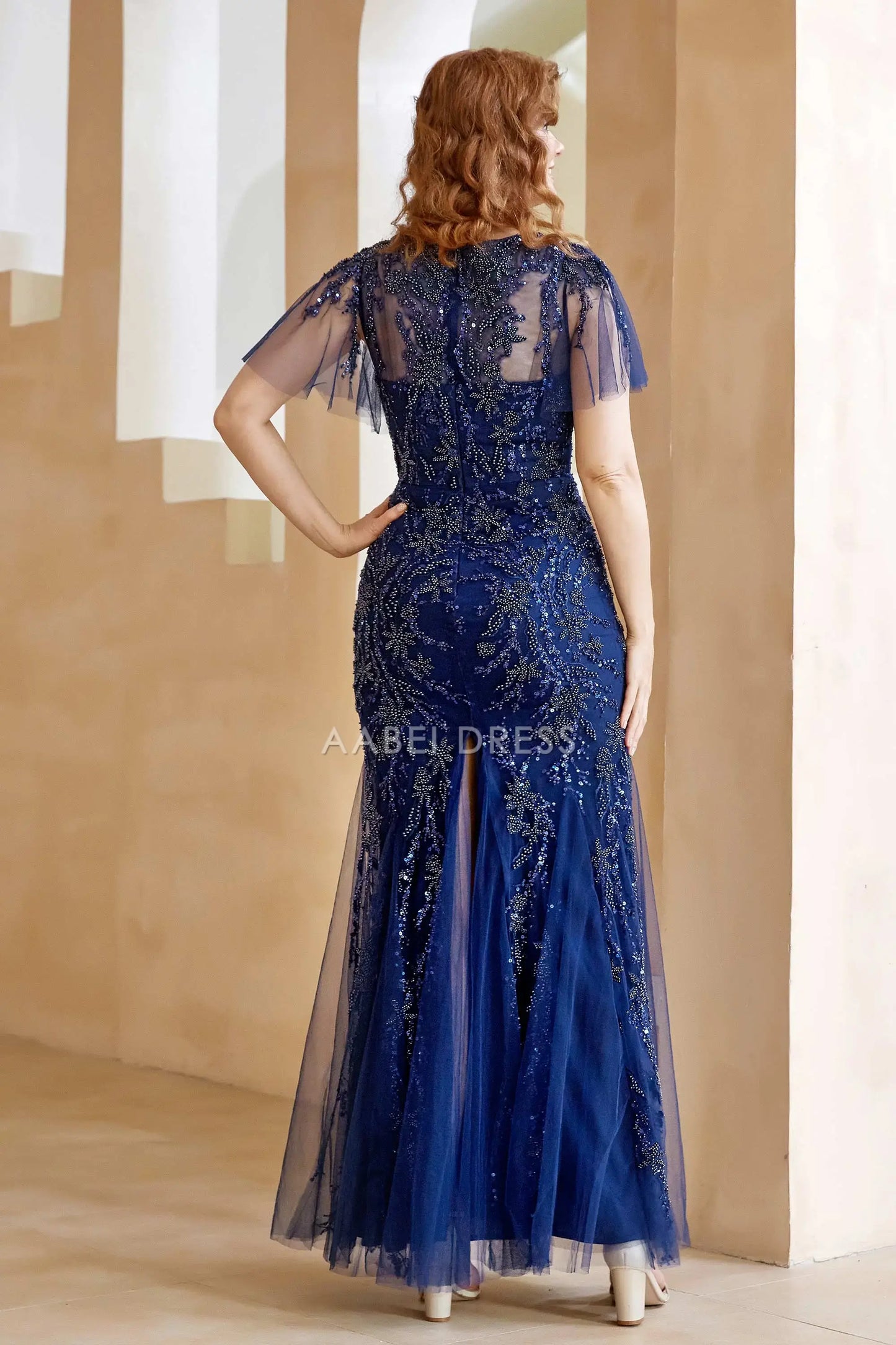 AABEI DRESS Wedding Guests Dresses Mom's Formal Dress Gorgeous Mermaid V Neck Flutter Sleeves Beaded Sparkle Mother of the Bride Dress