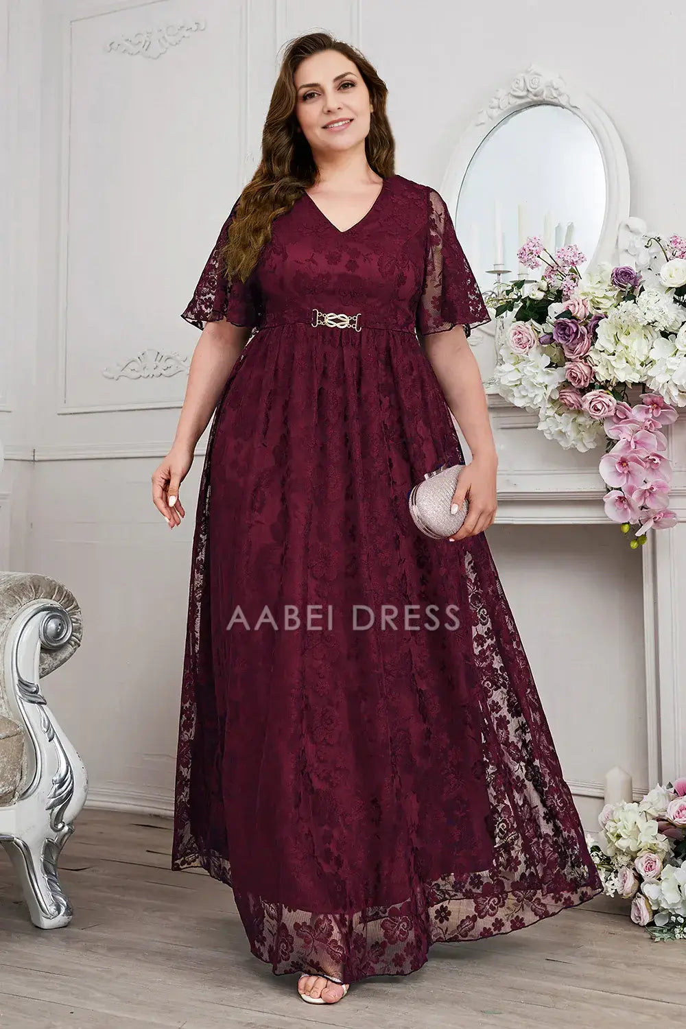 AABEI DRESS Wedding Guests Dresses Mom's Formal Dress Lace A-Line V-Neck Short Sleeves Exquisite Long Plus Size Mother of the Bride Dress