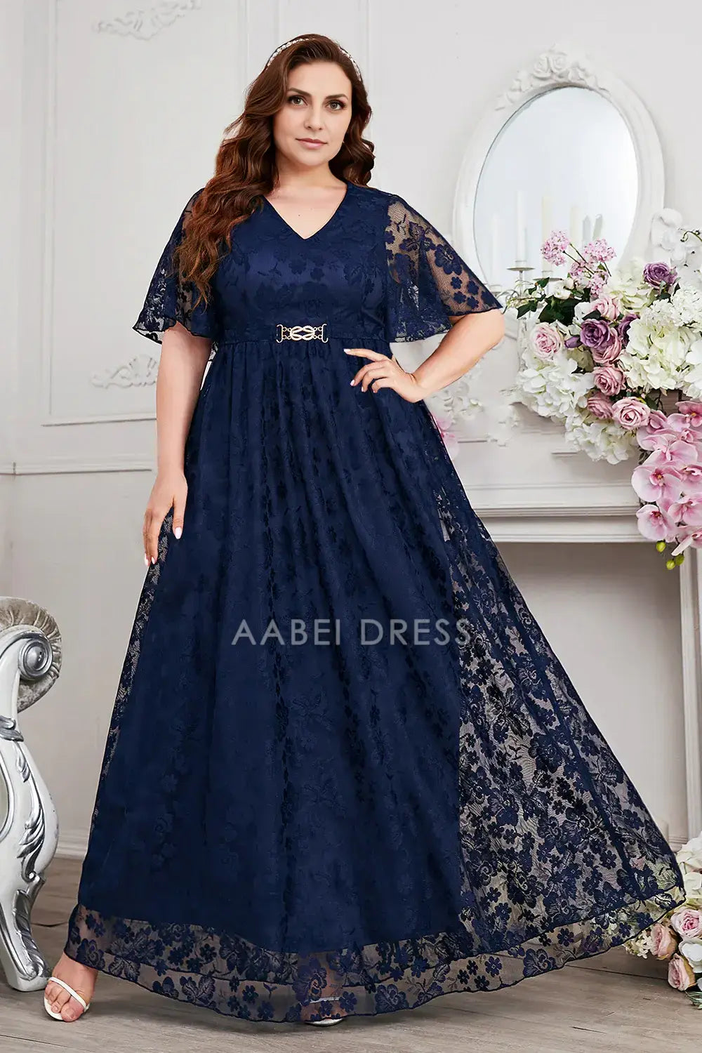 AABEI DRESS Wedding Guests Dresses Mom's Formal Dress Lace A-Line V-Neck Short Sleeves Exquisite Long Plus Size Mother of the Bride Dress