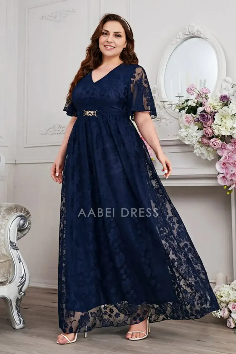 AABEI DRESS Wedding Guests Dresses Mom's Formal Dress Lace A-Line V-Neck Short Sleeves Exquisite Long Plus Size Mother of the Bride Dress