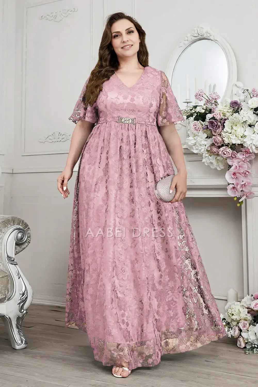 AABEI DRESS Wedding Guests Dresses Mom's Formal Dress Lace A-Line V-Neck Short Sleeves Exquisite Long Plus Size Mother of the Bride Dress