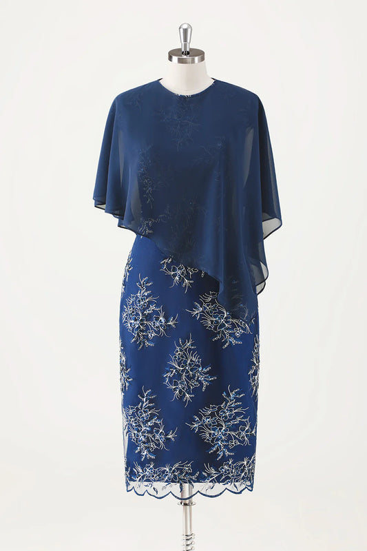 AABEI DRESS Wedding Guests Dresses Mom's Formal Dress Sheath Applique Round Neck Cap Sleeve with Cloak Two-Piece Set Tea-Length Exquisite Mother of the Bride Dress
