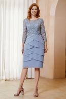 AABEI DRESS Wedding Guests Dresses Mom's Formal Dress Sheath Scoop Neck Long Sleeves Lace Top Chiffon Layered Ruffles Elegant Mother of the Bride Dress